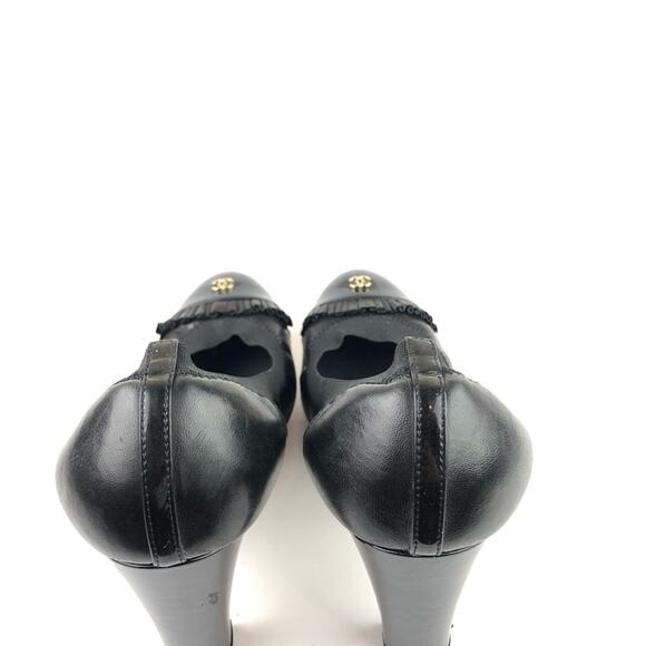 Chanel Black Lambskin Leather Ruffle CC Logo Patent Cap Toe Heels. Authentic. - Picture 11 of 14
